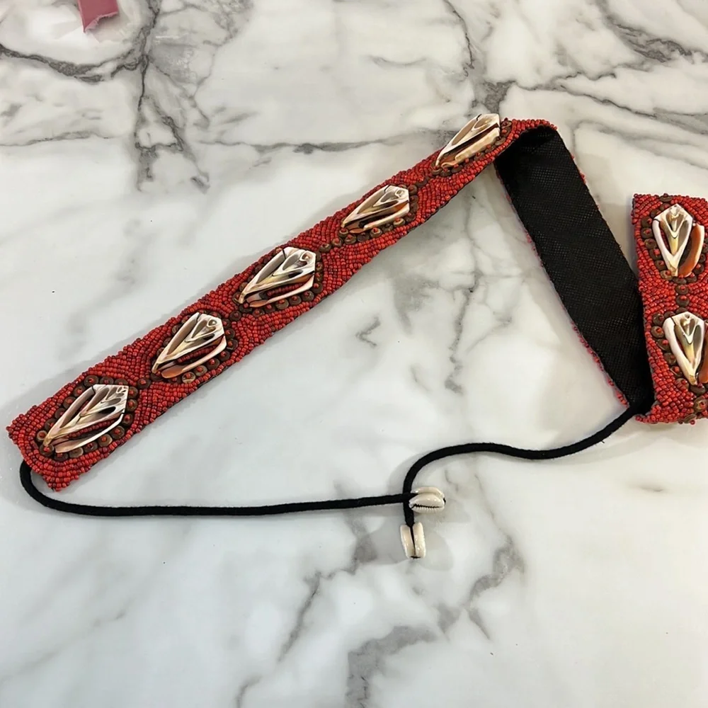 Vintage Coral Shell Beaded Belt Womens Size OS Large‎ Red Black African Mexican